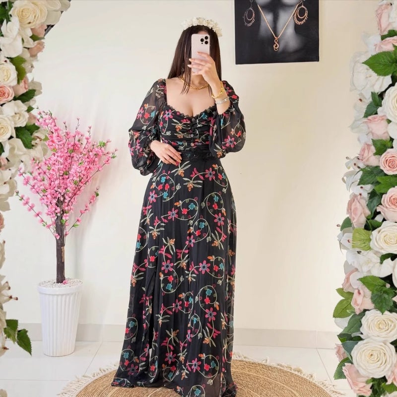 2025 Spring And Women'S Clothing Independent Station Middle East Chiffon Printed Lace Dress - Image 4
